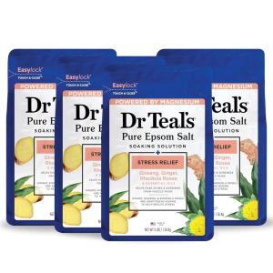 imageDr Teals Pure Epsom Salt Stress Relief with Ginseng ampamp Ginger Essential Oils 3 lbs Pack of 4Unscented